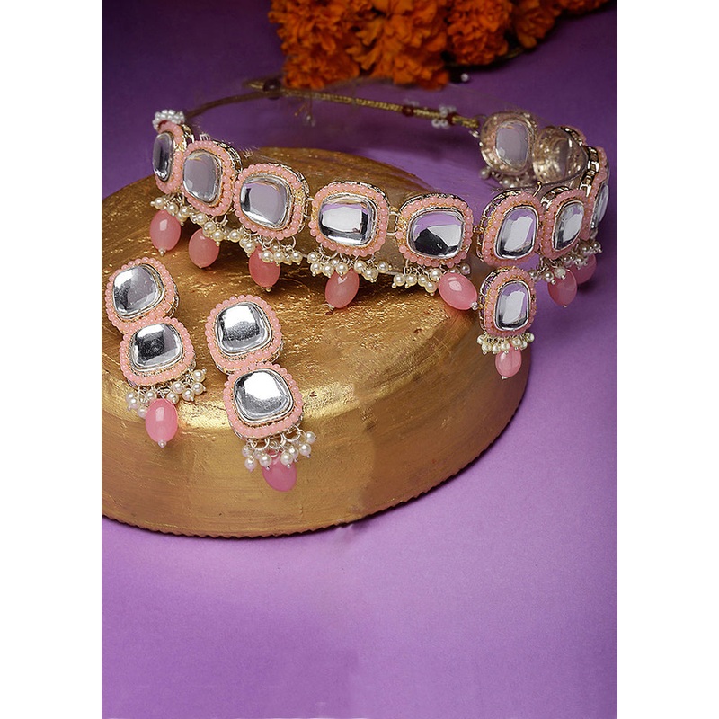 Pink Alloy Glossy Jewellery Set - JD986609385