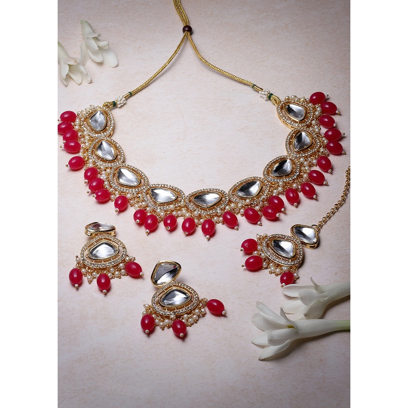 Pink Alloy Glossy Jewellery Set - JD986609387