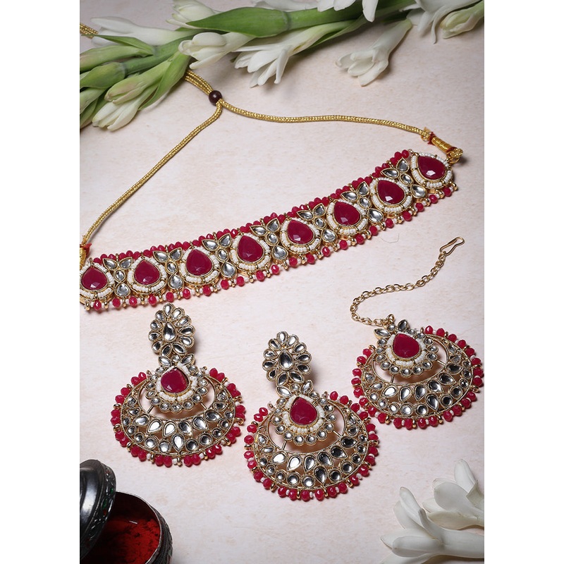 Pink Alloy Glossy Jewellery Set - JD986609388