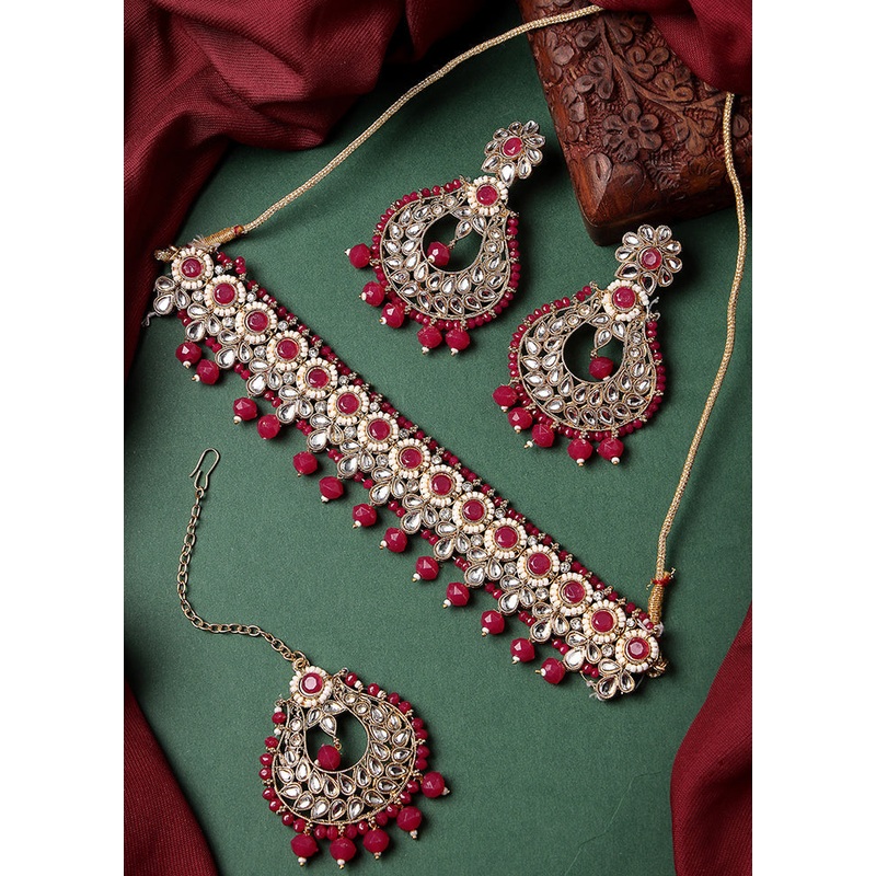 Pink Alloy Glossy Jewellery Set - JD986609392