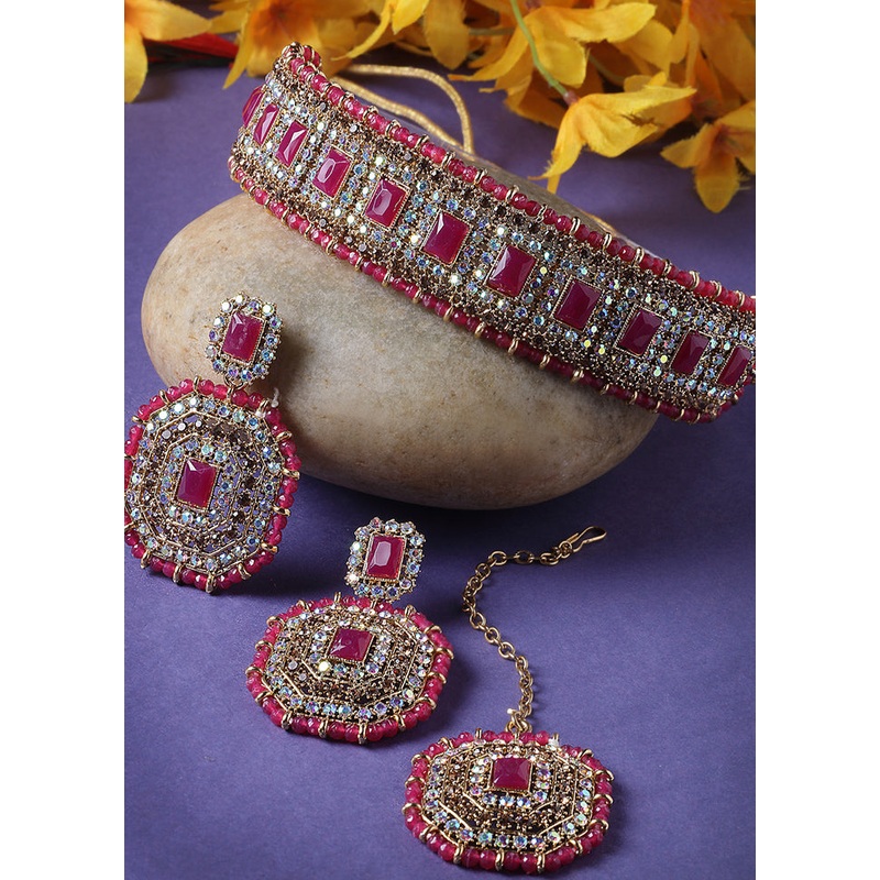 Pink Alloy Glossy Jewellery Set - JD986609393