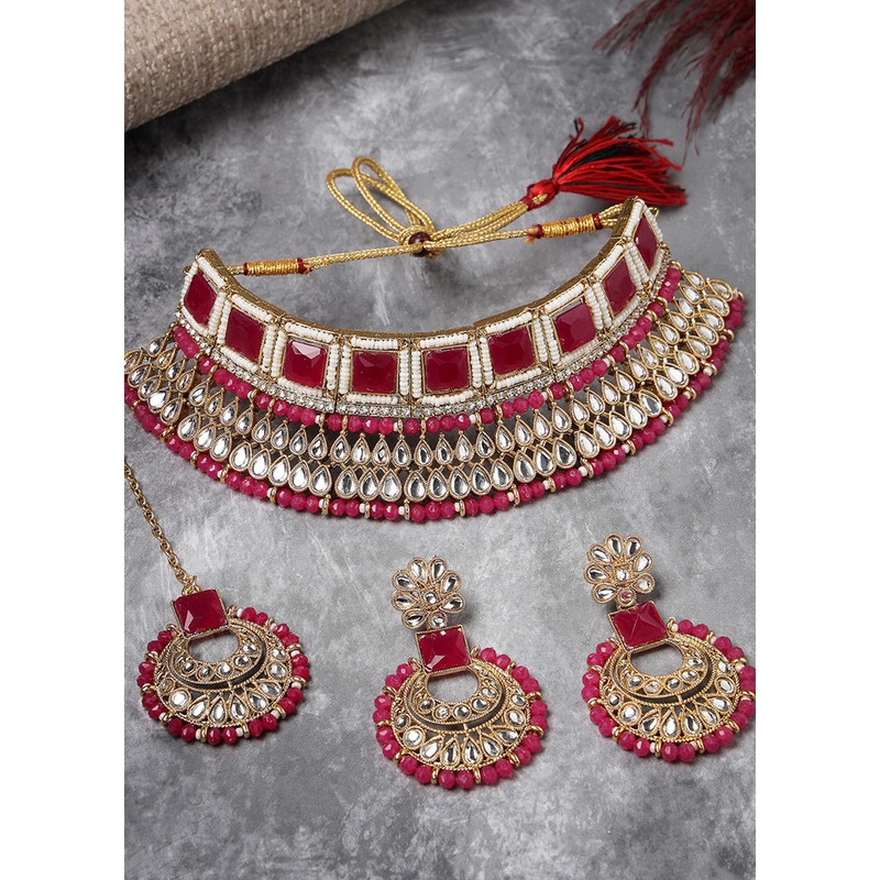 Pink Alloy Glossy Jewellery Set - JD986609397