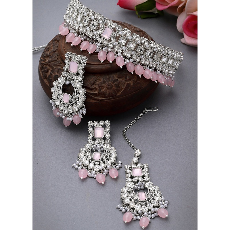 Pink Alloy Glossy Jewellery Set - JD986609398