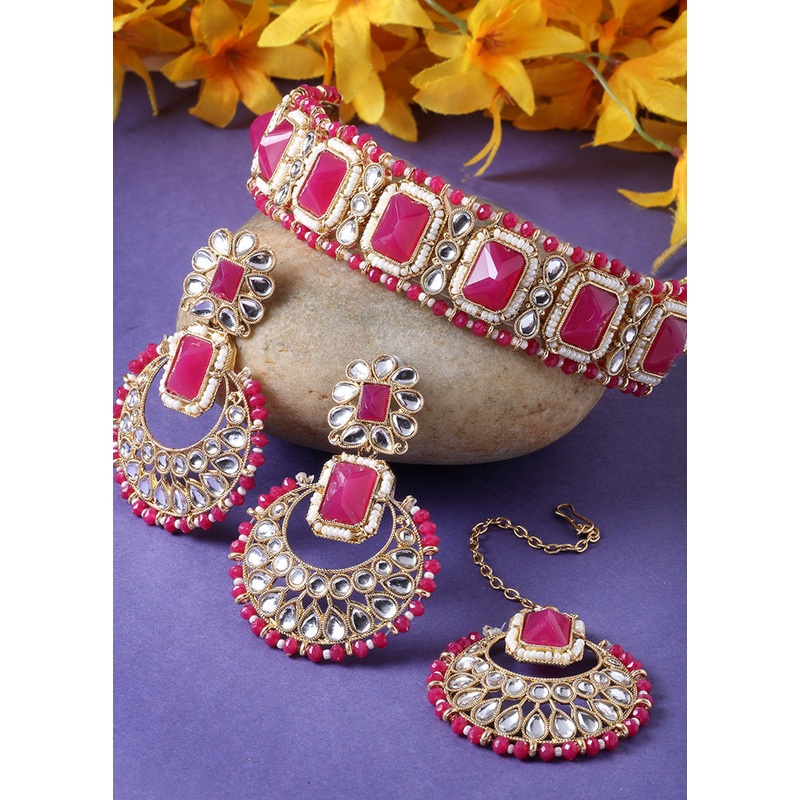 Pink Alloy Glossy Jewellery Set - JD986609399
