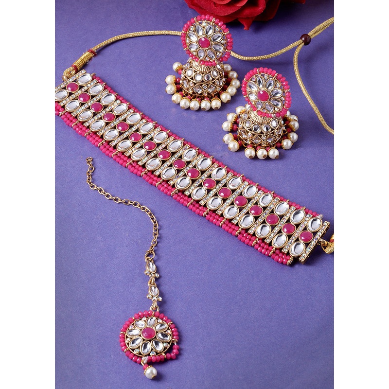 Pink Alloy Glossy Jewellery Set - JD986609400