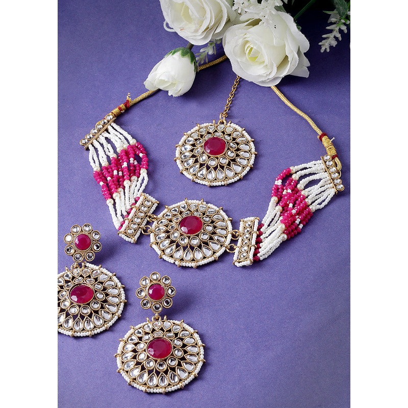Pink Alloy Glossy Jewellery Set - JD986609402