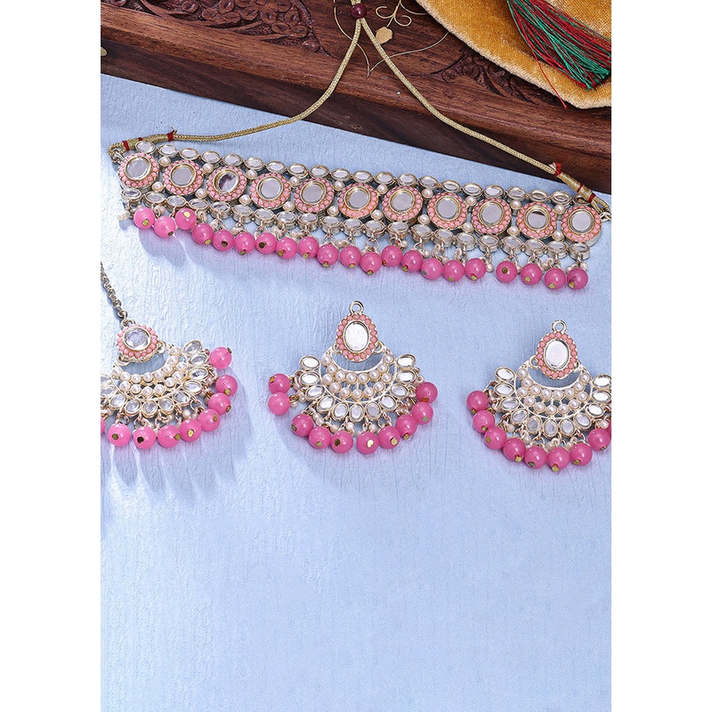 Pink Alloy Glossy Jewellery Set - JD986609406