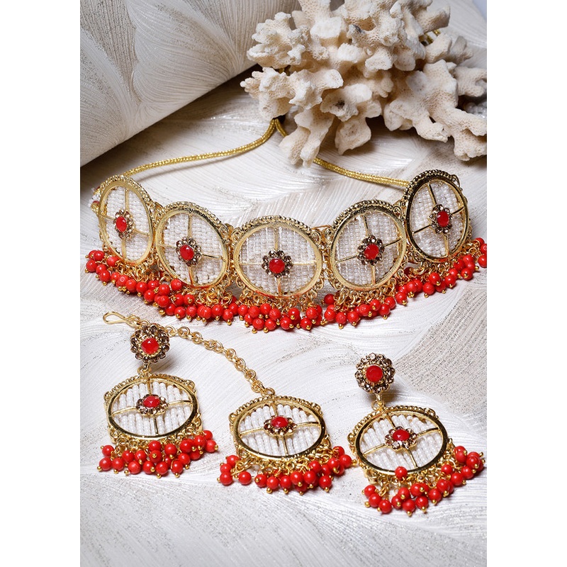 Red Alloy Glossy Jewellery Set - JD986609344