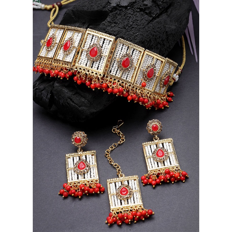 Red Alloy Glossy Jewellery Set - JD986609345