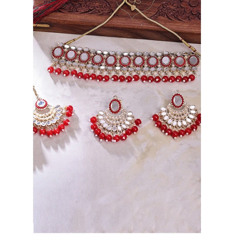 Red Alloy Glossy Jewellery Set - JD986609353