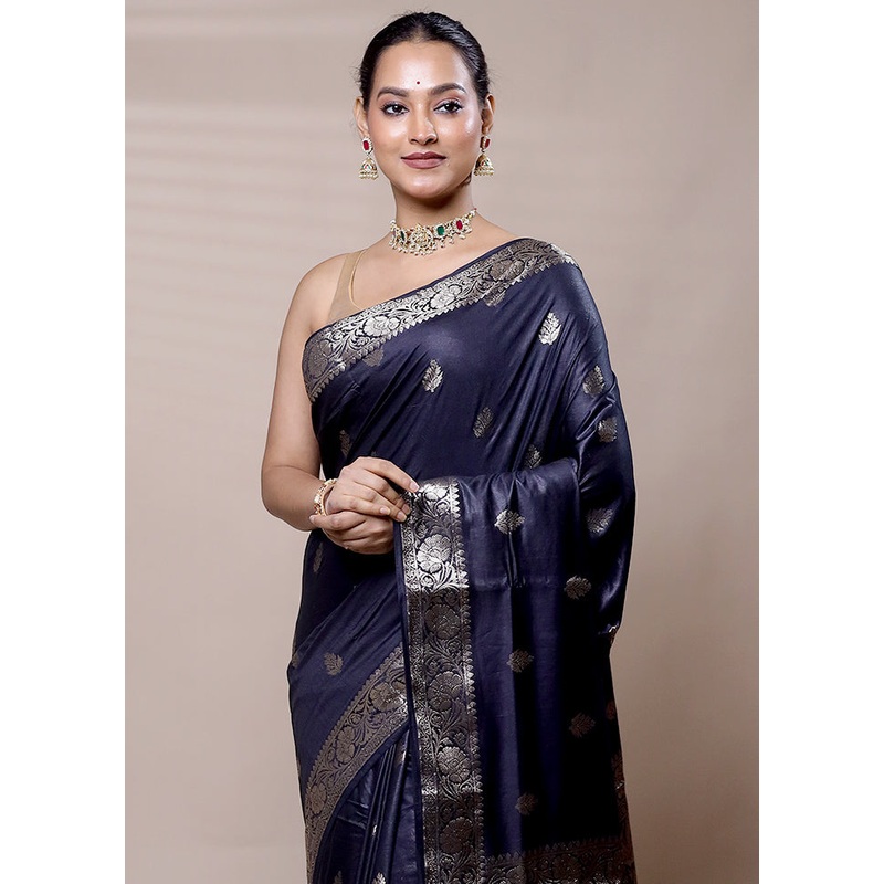 Black Cotton Saree With Blouse Piece - JD986609069