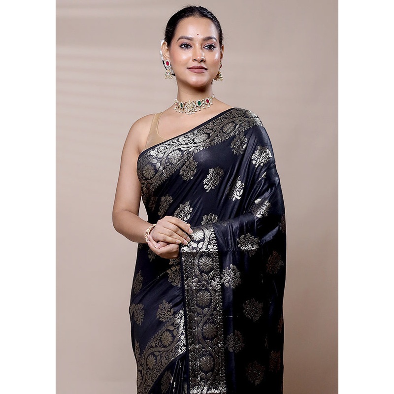 Black Cotton Saree With Blouse Piece - JD986609070