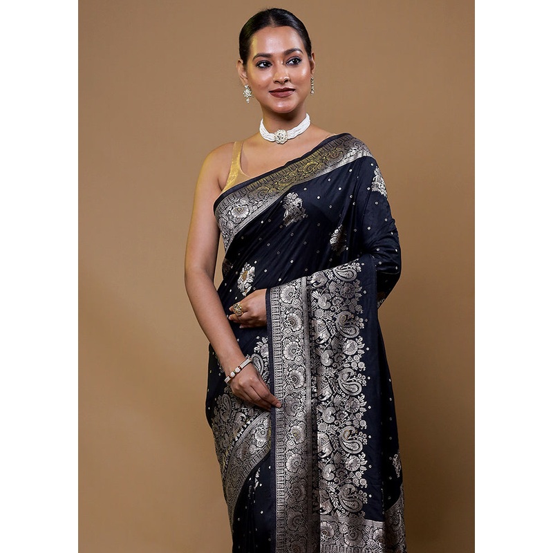 Black Dupion Silk Saree With Blouse Piece - JD986609116