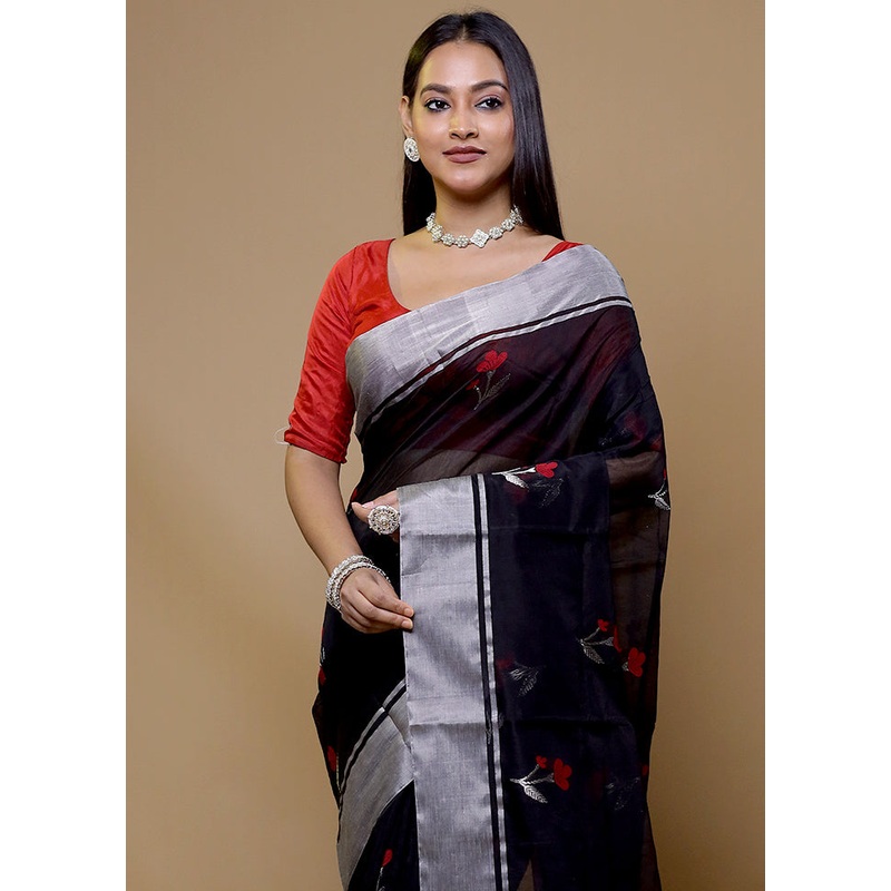 Black Handloom Chanderi Pure Cotton Saree With Blouse Piece - JD986609067