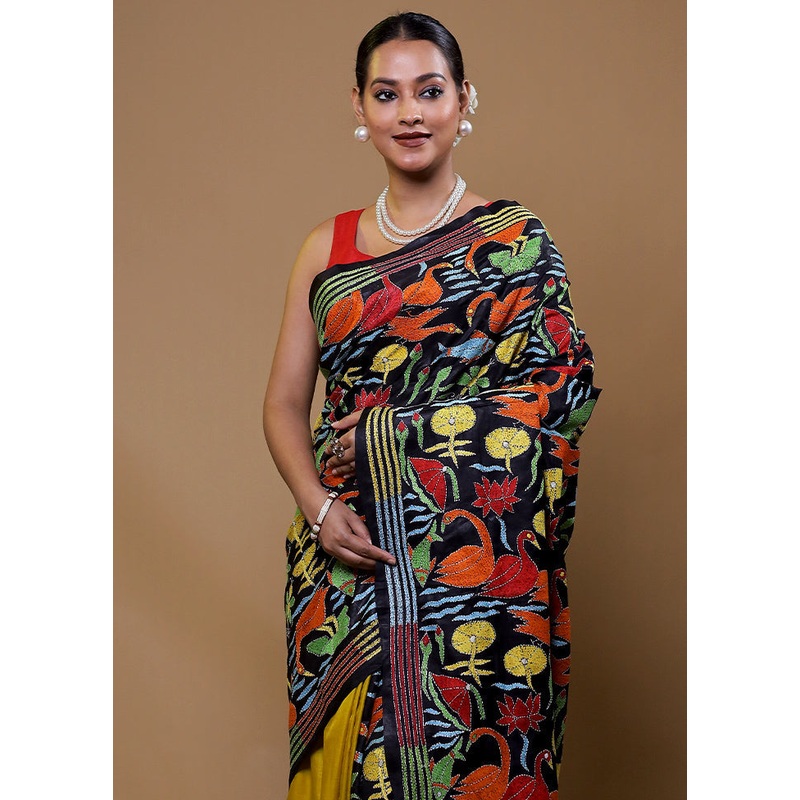 Black Handloom Kantha Stitch Pure Silk Saree With Blouse Piece - JD986609115