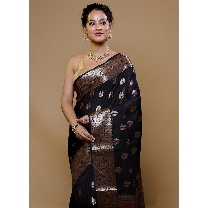Black Kora Silk Saree With Blouse Piece - JD986609066