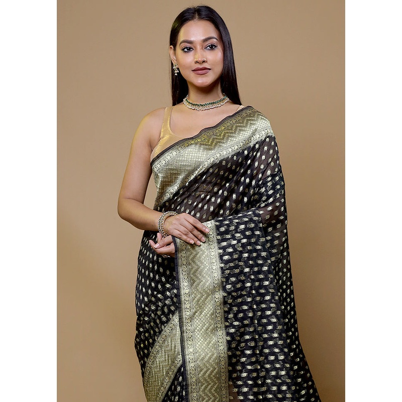 Black Organza Saree With Blouse Piece - JD986609065