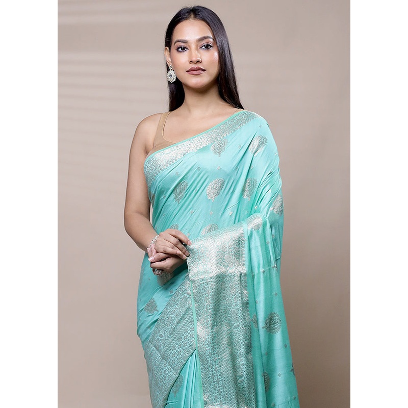 Blue Cotton Saree With Blouse Piece - JD986609062