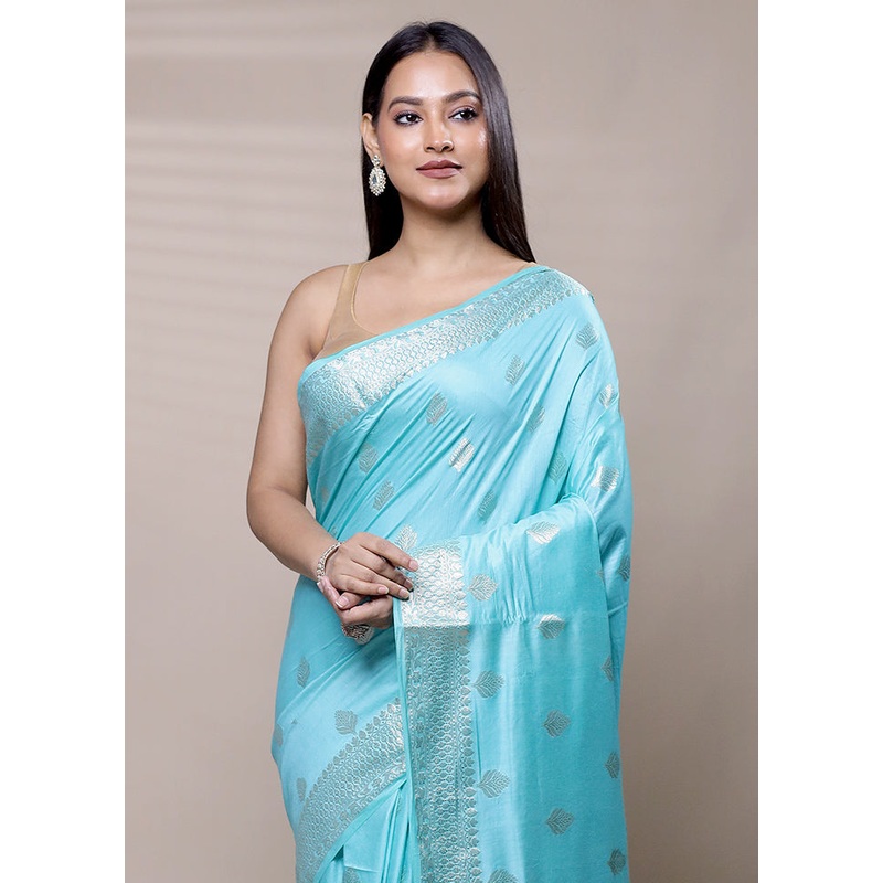 Blue Cotton Saree With Blouse Piece - JD986609063