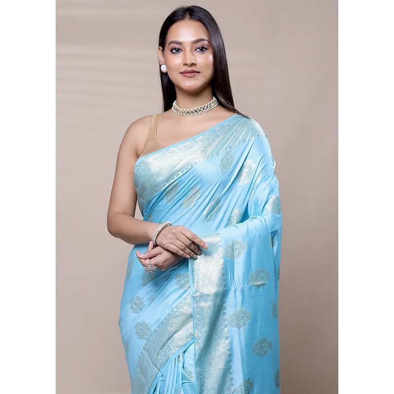 Blue Cotton Saree With Blouse Piece - JD986609064
