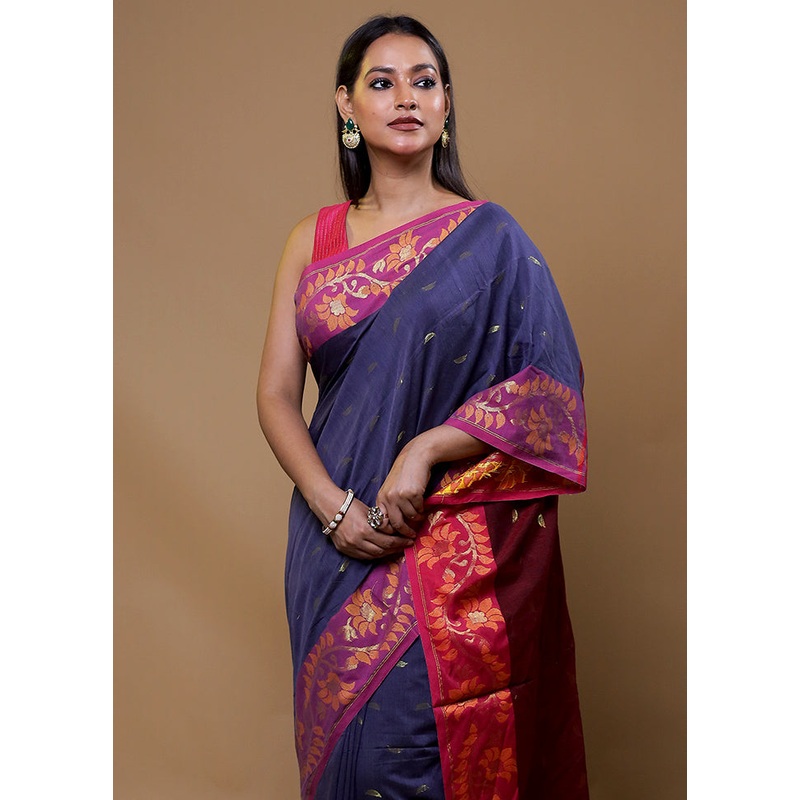 Blue Cotton Saree With Blouse Piece - JD986609111