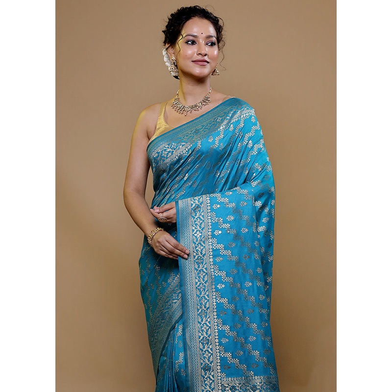 Blue Dupion Silk Saree With Blouse Piece - JD986609060