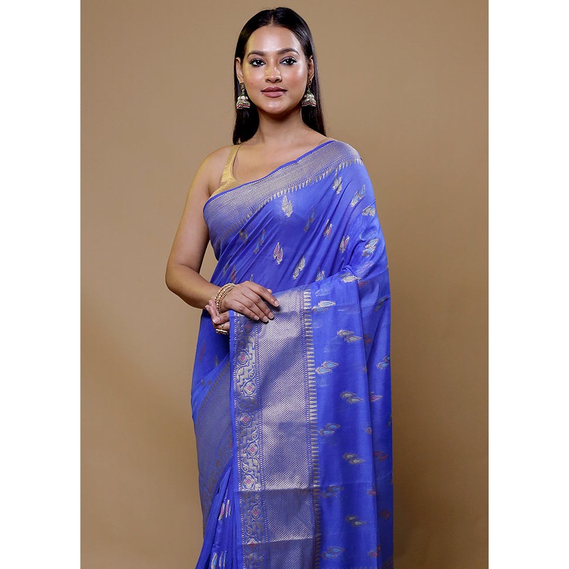 Blue Dupion Silk Saree With Blouse Piece - JD986609061