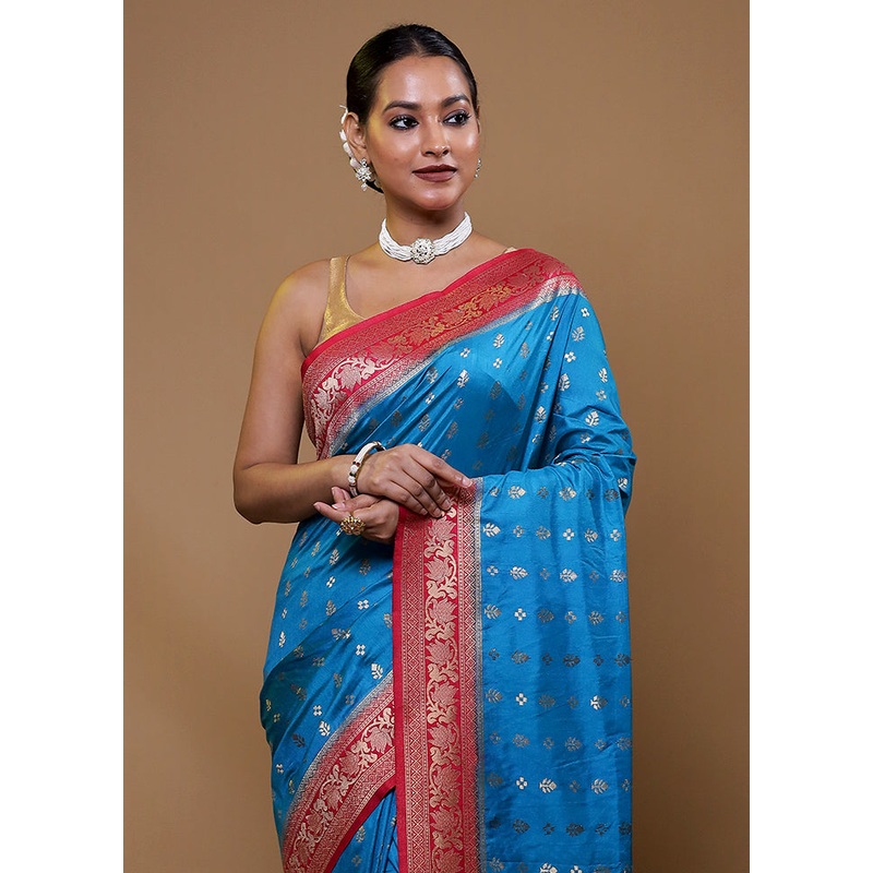Blue Dupion Silk Saree With Blouse Piece - JD986609114