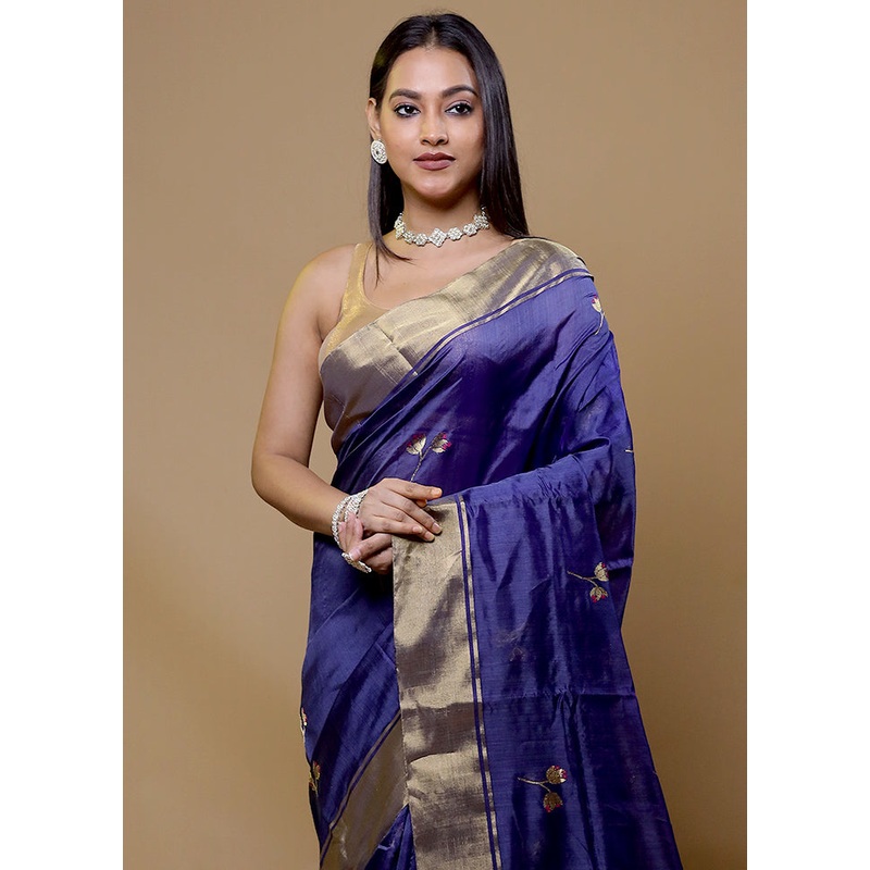 Blue Handloom Chanderi Pure Cotton Saree With Blouse Piece - JD986609058