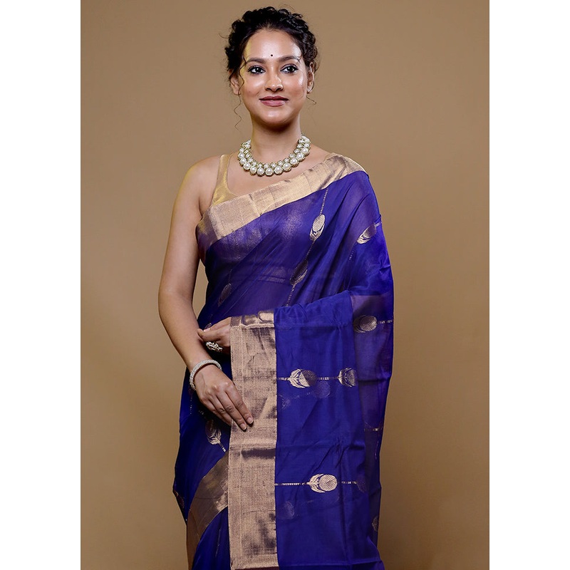Blue Handloom Chanderi Pure Cotton Saree With Blouse Piece - JD986609059