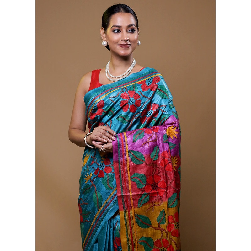 Blue Handloom Kantha Stitch Pure Silk Saree With Blouse Piece - JD986609113
