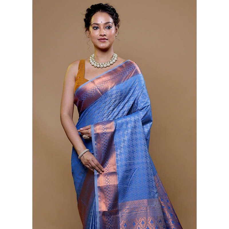 Blue Kanjivaram Silk Saree With Blouse Piece - JD986609055