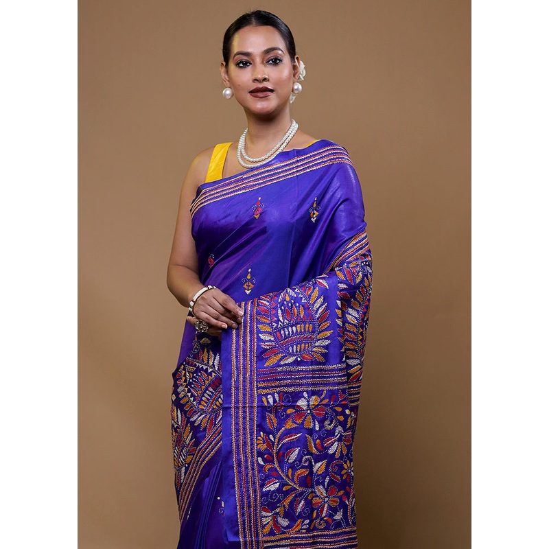 Blue Kantha Stitch Silk Saree With Blouse Piece - JD986609112
