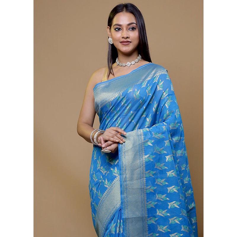 Blue Kora Silk Saree With Blouse Piece - JD986609054