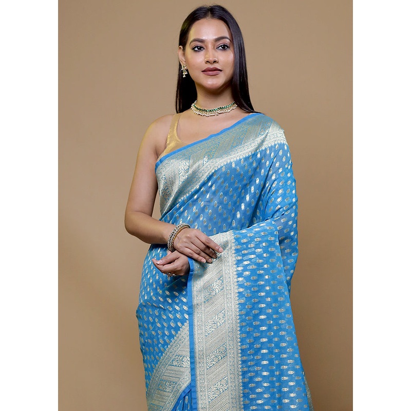 Blue Organza Saree With Blouse Piece - JD986609050