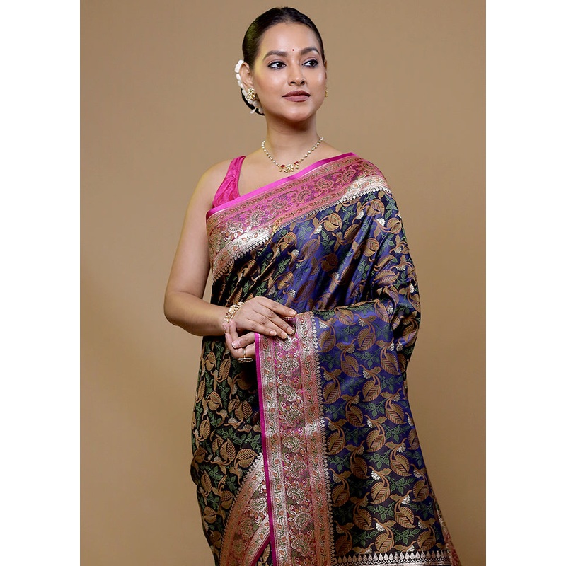 Blue Tanchoi Silk Saree With Blouse Piece - JD986609047