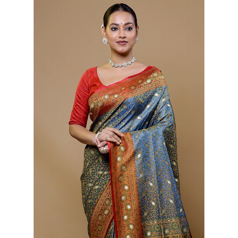 Blue Tanchoi Silk Saree With Blouse Piece - JD986609048