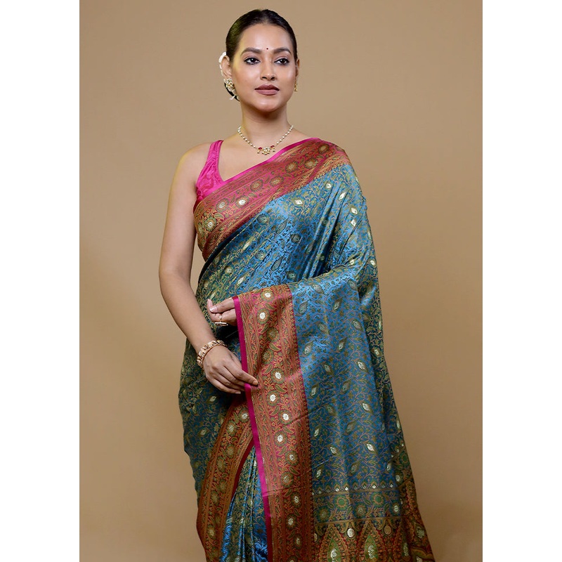 Blue Tanchoi Silk Saree With Blouse Piece - JD986609049
