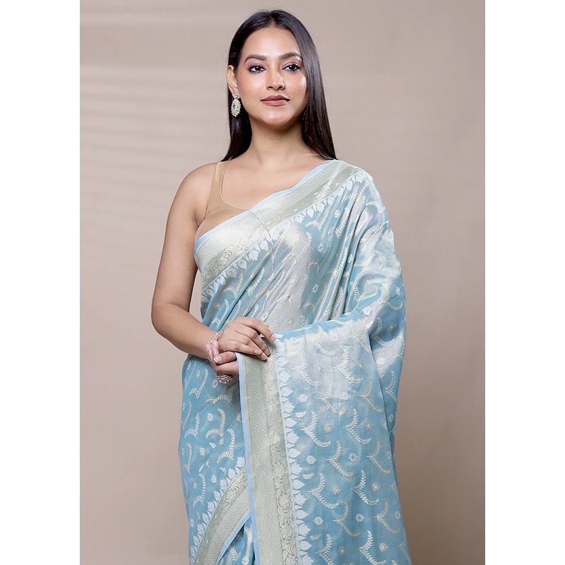 Blue Tissue Silk Saree With Blouse Piece - JD986609045