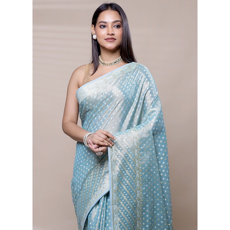 Blue Tissue Silk Saree With Blouse Piece - JD986609046