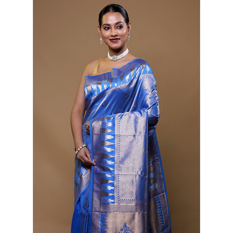 Blue Tissue Silk Saree With Blouse Piece - JD986609110