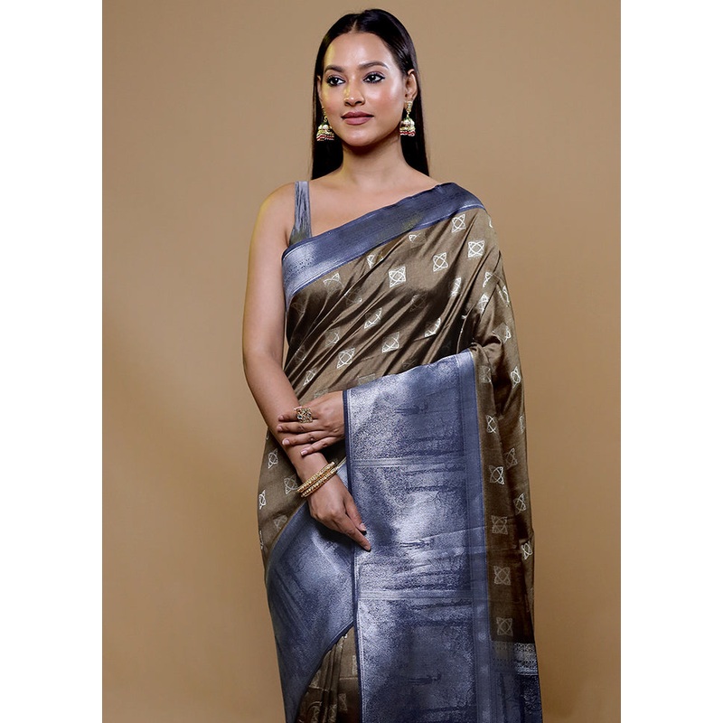 Brown Tussar Silk Saree With Blouse Piece - JD986609043