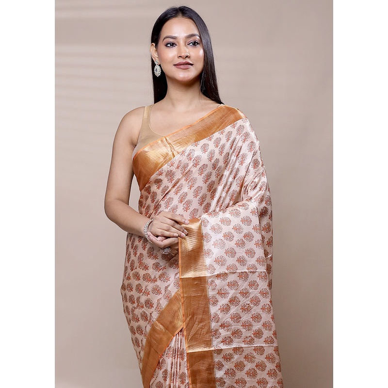 Cream Dupion Silk Saree With Blouse Piece - JD986609042