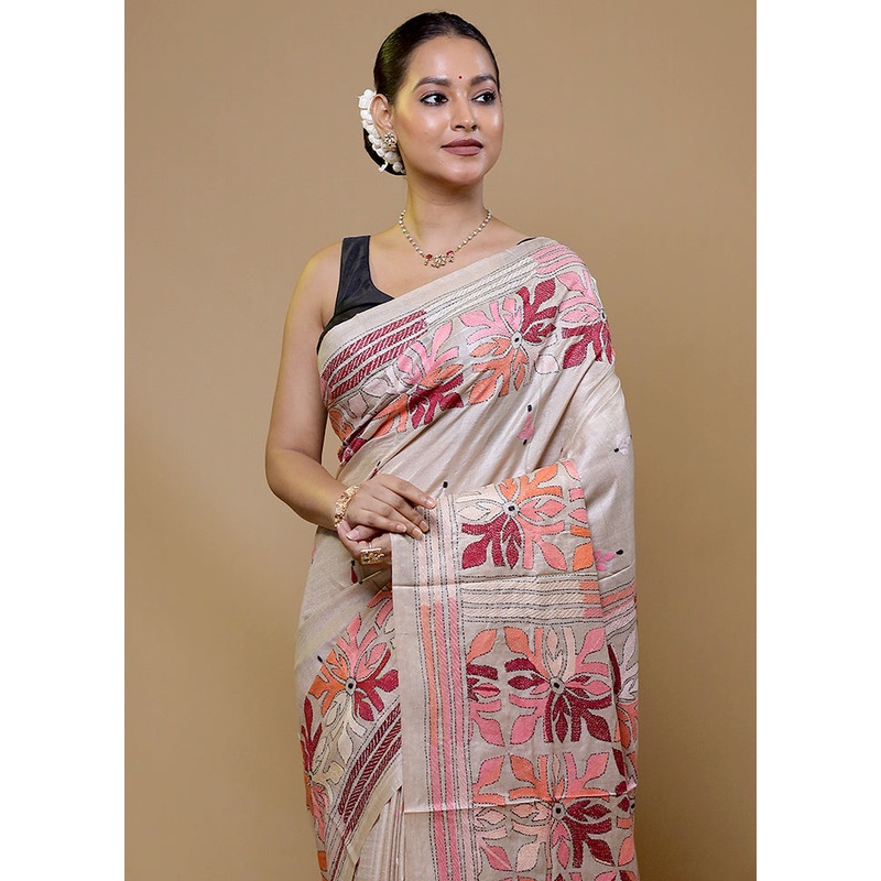 Cream Handloom Kantha Stitch Pure Silk Saree With Blouse Piece - JD986609040