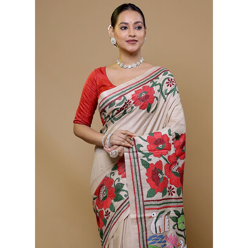 Cream Handloom Kantha Stitch Pure Silk Saree With Blouse Piece - JD986609041
