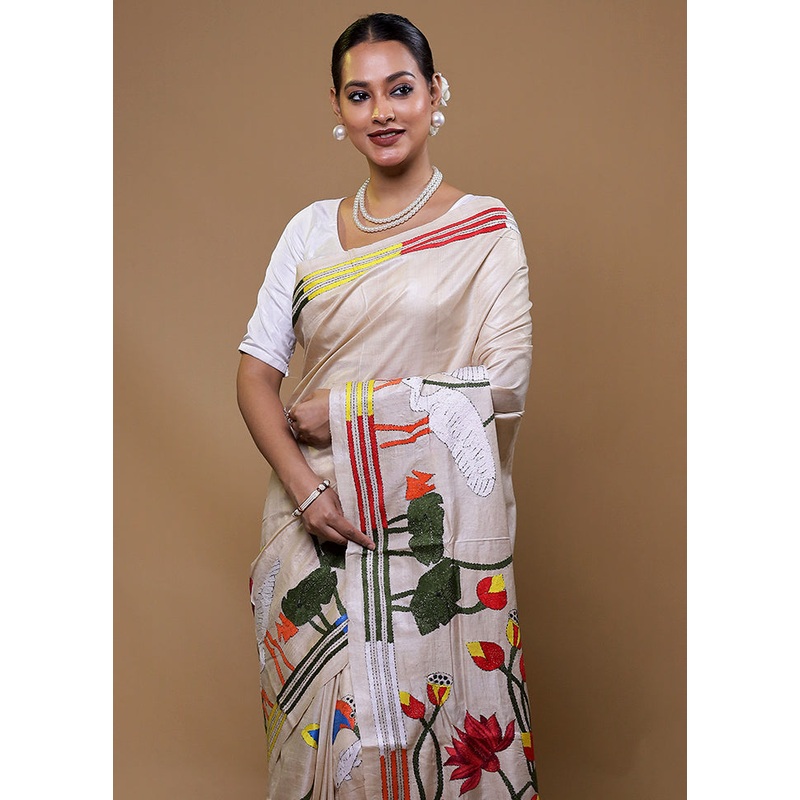 Cream Handloom Kantha Stitch Pure Silk Saree With Blouse Piece - JD986609107