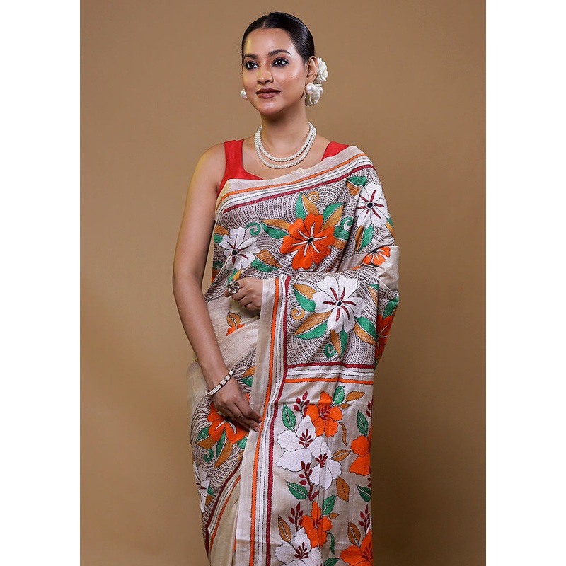 Cream Handloom Kantha Stitch Pure Silk Saree With Blouse Piece - JD986609108