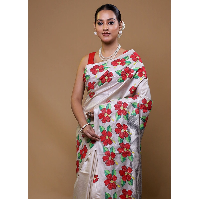 Cream Handloom Kantha Stitch Pure Silk Saree With Blouse Piece - JD986609109