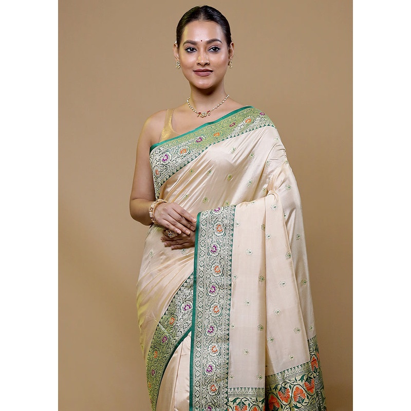 Cream Handloom Katan Pure Silk Saree With Blouse Piece - JD986609039
