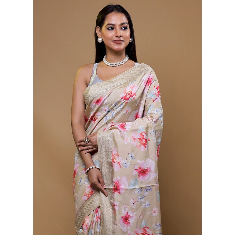 Cream Pure Mysore Silk Saree Without Blouse Piece - JD986609105